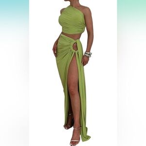 Two piece crop tank top and high slit skirt set in green